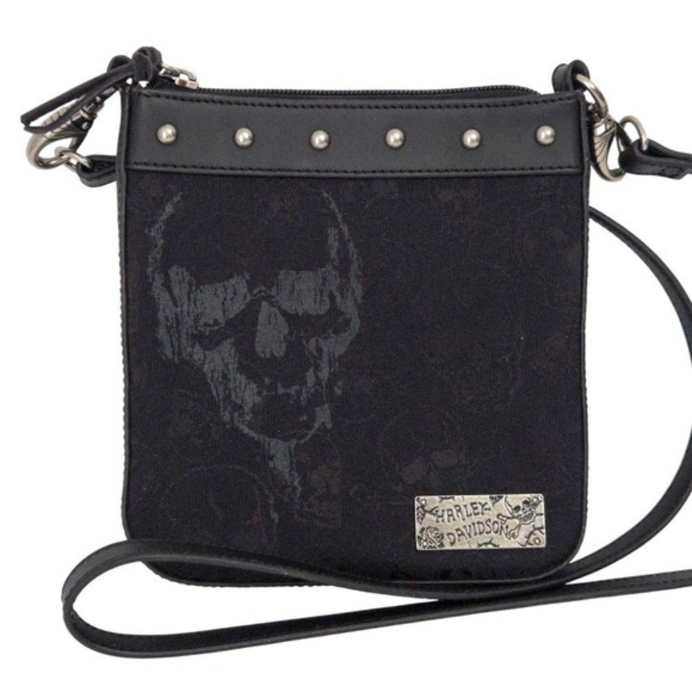 Harley Davidson Skull Black Jacquard & Leather‎ Clip Bag Crossbody Handbag